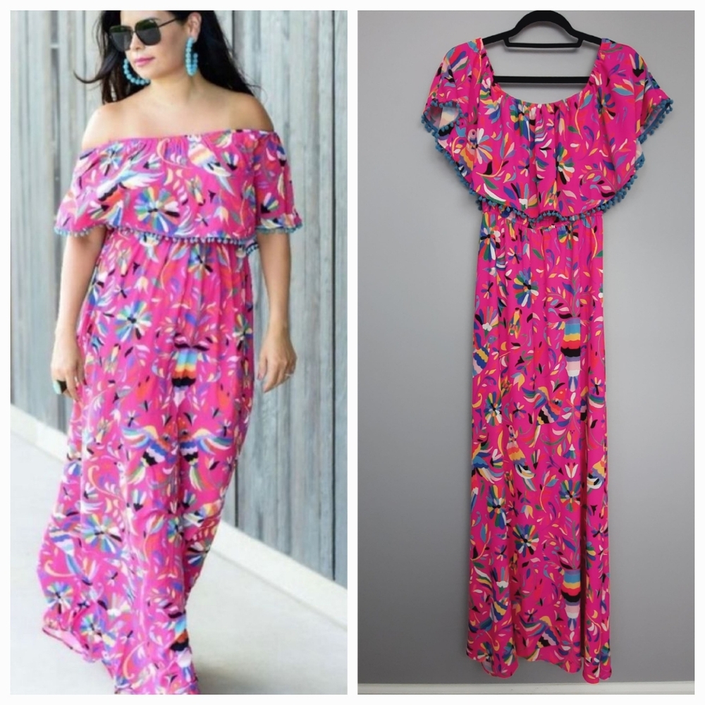 Judith March Pink Colorful Bird Print Off-the-Shoulder Maxi Dress size Small